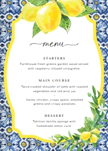 POS-BLY-12-B024 - POSITANO BLUE TILE - LEMONS - MENU - 5" x 7": POS-BLY-12-B024 - POSITANO BLUE TILE - LEMONS - MENU