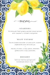 POS-BLY-12-B024 - POSITANO BLUE TILE - LEMONS - MENU - 4" x 6": POS-BLY-12-B024 - POSITANO BLUE TILE - LEMONS - MENU