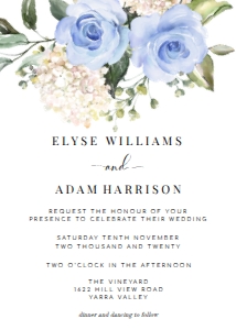 DAR-BLU-1-B116 - DARCY FLORAL BLUE - WEDDING INVITATION - 5" x 7": DAR-BLU-1-B171 - DARCY FLORAL - BLUE - WEDDING INVITATION SUITE