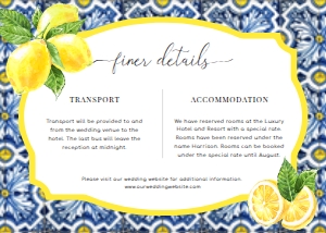 POS-BLY-2-B038 - POSITANO BLUE TILE - LEMONS - RECEPTION CARD - 5" x 7": POS-BLY-1-B039 - POSITANO BLUE TILE - LEMONS - WEDDING INVITATION SUITE