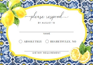 POS-BLY-2-B037 - POSITANO BLUE TILE - LEMONS - RSVP CARD - 3.5" x 5": POS-BLY-1-B039 - POSITANO BLUE TILE - LEMONS - WEDDING INVITATION SUITE