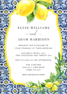 POS-BLY-1-B035 - POSITANO BLUE TILE - LEMONS - WEDDING INVITATION - 5" x 7": POS-BLY-1-B039 - POSITANO BLUE TILE - LEMONS - WEDDING INVITATION SUITE