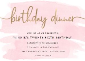 WAT-PNK-1-B117 - WATERCOLOUR PINK - GOLD - BIRTHDAY DINNER INVITATION - 5" x 7": WAT-PNK-1-B117 - WATERCOLOUR PINK - GOLD- BIRTHDAY DINNER INVITATION