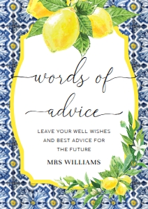 POS-BLY-7-B134 - POSITANO BLUE TILE LEMONS - WORDS OF ADVICE SIGN - A4: POS-BLY-10-B133 - POSITANO BLUE TILE LEMONS - WORDS OF ADVICE CARDS AND SIGN