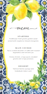 POS-BLY-12-B024 - POSITANO BLUE TILE LEMONS - MENU - 4" x 8": POS-BLY-12-B024 - POSITANO BLUE TILE - LEMONS - MENU