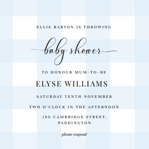 GIN-BLU-1-B195 - GINGHAM BLUE - BABY SHOWER INVITATION - 5" x 5": GIN-BLU-1-B197 - GINGHAM BLUE - BABY SHOWER INVITATION SUITE