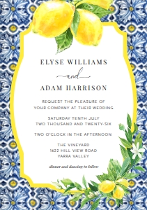 POS-BLY-1-B035 - POSITANO BLUE TILE - LEMONS - WEDDING INVITATION - A5: POS-BLY-1-B039 - POSITANO BLUE TILE - LEMONS - WEDDING INVITATION SUITE