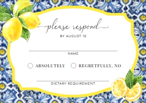 POS-BLY-2-B037 - POSITANO BLUE TILE - LEMONS - RSVP CARD - A6: POS-BLY-1-B039 - POSITANO BLUE TILE - LEMONS - WEDDING INVITATION SUITE