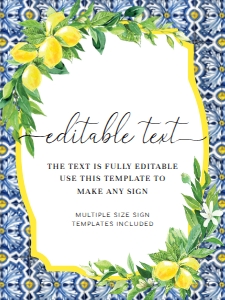 POS-BLY-7-B012-POSITANO BLUE TILE LEMONS - CUSTOM TEXT SIGN - 18" x 24": POS-BLY-7-B012-POSITANO BLUE TILE LEMONS - CUSTOM TEXT SIGN