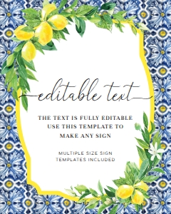 POS-BLY-7-B012-POSITANO BLUE TILE LEMONS - CUSTOM TEXT SIGN - 8" x 10": POS-BLY-7-B012-POSITANO BLUE TILE LEMONS - CUSTOM TEXT SIGN