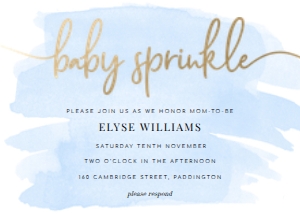 WAT-BLU-1-B257 - WATERCOLOUR BLUE - GOLD FOIL - BABY SPRINKLE INVITATION - 5" x 7": WAT-BLU-1-B257 - WATERCOLOUR BLUE - GOLD FOIL - BABY SPRINKLE INVITATION