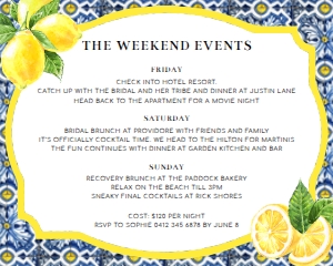 POS-BLY-2-B263 - POSITANO BLUE TILE - LEMONS - ITINERARY - 8" x 10": POS-BLY-1-B265 - POSITANO BLUE TILE - LEMONS - BACHELORETTE WEEKEND INVITATION SUITE