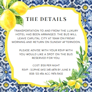POS-BLY-2-B264 - POSITANO BLUE TILE -LEMONS - DETAILS CARD - 4" x 4": POS-BLY-1-B265 - POSITANO BLUE TILE - LEMONS - BACHELORETTE WEEKEND INVITATION SUITE