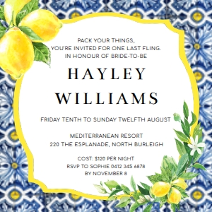 POS-BLY-1-B262 - POSITANO BLUE TILE - YELLOW - BACHELORETTE WEEKEND INVITATION - 5" x 5": POS-BLY-1-B265 - POSITANO BLUE TILE - LEMONS - BACHELORETTE WEEKEND INVITATION SUITE