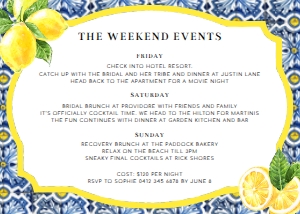 POS-BLY-2-B263 - POSITANO BLUE TILE - LEMONS - ITINERARY - 5" x 7": POS-BLY-1-B265 - POSITANO BLUE TILE - LEMONS - BACHELORETTE WEEKEND INVITATION SUITE