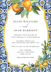 POS-BLO-1-B356 - POSITANO BLUE TILE - ORANGES - WEDDING INVITATION - 5" x 7": POS-BLO-1-B359 - POSITANO BLUE TILE - ORANGES - WEDDING INVITATION SUITE