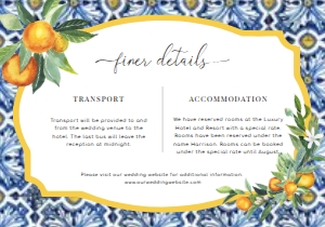 POS-BLO-2-B357 - POSITANO BLUE TILE - ORANGES - DETAILS CARD - 3.5" x 5": POS-BLO-1-B359 - POSITANO BLUE TILE - ORANGES - WEDDING INVITATION SUITE