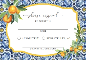 POS-BLO-2-B358 - POSITANO BLUE TILE - ORANGES - RSVP CARD - 3.5" x 5": POS-BLO-1-B359 - POSITANO BLUE TILE - ORANGES - WEDDING INVITATION SUITE