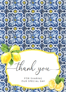 POS-BLY-8-B367 - POSITANO BLUE TILE - LEMONS - THANK YOU FOLDED CARD - 3.5" x 5": POS-BLY-8-B367 - POSITANO BLUE TILE - LEMONS - THANK YOU CARD