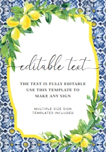 POS-BLY-7-B012-POSITANO BLUE TILE LEMONS - CUSTOM TEXT SIGN - 7" x 10": POS-BLY-7-B012-POSITANO BLUE TILE LEMONS - CUSTOM TEXT SIGN