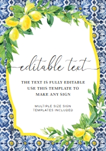 POS-BLY-7-B012-POSITANO BLUE TILE LEMONS - CUSTOM TEXT SIGN - 20" x 14: POS-BLY-7-B012-POSITANO BLUE TILE LEMONS - CUSTOM TEXT SIGN