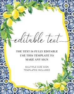POS-BLY-7-B012-POSITANO BLUE TILE LEMONS - CUSTOM TEXT SIGN - 11" x 14": POS-BLY-7-B012-POSITANO BLUE TILE LEMONS - CUSTOM TEXT SIGN