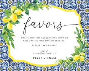POS-BLY-7-B446 - POSITANO BLUE TILE - LEMONS - FAVOURS SIGN - LANDSCAPE - 8" x 10": POS-BLY-7-B446 - POSITANO BLUE TILE - LEMONS - FAVOURS SIGN