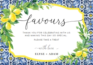 POS-BLY-7-B446 - POSITANO BLUE TILE - LEMONS - FAVOURS SIGN - LANDSCAPE - A4: POS-BLY-7-B446 - POSITANO BLUE TILE - LEMONS - FAVOURS SIGN