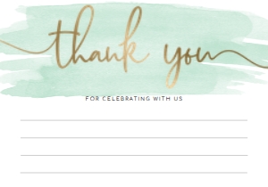 WAT-GRE-8-B486 - WATERCOLOUR GREEN - GOLD - THANK YOU FLAT CARD - 3.5" x 5": WAT-GRE-10-B598 - WATERCOLOUR GREEN - GOLD - BABY SHOWER GAMES BUNDLE