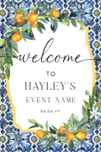 POS-BLO-3-B488 - POSITANO BLUE TILE - ORANGES - WELCOME SIGN - 24" x 36": POS-BLO-3-B488 - POSITANO BLUE TILE - ORANGES - WELCOME SIGN