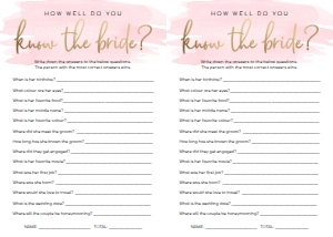 WAT-PNK-10-B585 - WATERCOLOUR PINK - GOLD FOIL - KNOW THE BRIDE GAME - LETTER: WAT-PNK-10-B593 - WATERCOLOUR PINK - GOLD FOIL - BRIDAL SHOWER GAMES BUNDLE