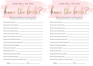 WAT-PNK-10-B585 - WATERCOLOUR PINK - GOLD FOIL - KNOW THE BRIDE GAME - A4: WAT-PNK-10-B593 - WATERCOLOUR PINK - GOLD FOIL - BRIDAL SHOWER GAMES BUNDLE