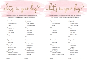 WAT-PNK-10-B584 - WATERCOLOUR PINK - GOLD FOIL - WHAT'S IN YOUR BAG GAME - A4: WAT-PNK-10-B593 - WATERCOLOUR PINK - GOLD FOIL - BRIDAL SHOWER GAMES BUNDLE