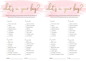 WAT-PNK-10-B584 - WATERCOLOUR PINK - GOLD FOIL - WHAT'S IN YOUR BAG GAME - LETTER: WAT-PNK-10-B593 - WATERCOLOUR PINK - GOLD FOIL - BRIDAL SHOWER GAMES BUNDLE