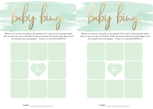 WAT-GRE-10-B451 - WATERCOLOUR GREEN - GOLD FOIL - BABY SHOWER BINGO GAME - 9 SQUARE - A4: WAT-GRE-10-B598 - WATERCOLOUR GREEN - GOLD - BABY SHOWER GAMES BUNDLE