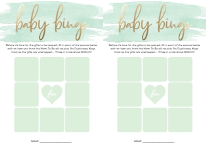 WAT-GRE-10-B451 - WATERCOLOUR GREEN - GOLD FOIL - BABY SHOWER BINGO GAME - 9 SQUARE - LETTER: WAT-GRE-10-B598 - WATERCOLOUR GREEN - GOLD - BABY SHOWER GAMES BUNDLE