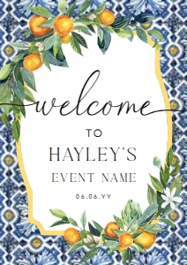 POS-BLO-3-B488 - POSITANO BLUE TILE - ORANGES - WELCOME SIGN - A1: POS-BLO-3-B488 - POSITANO BLUE TILE - ORANGES - WELCOME SIGN