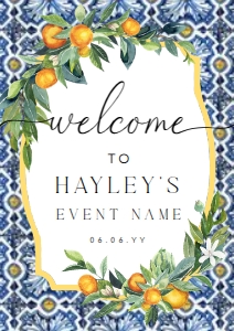 POS-BLO-3-B488 - POSITANO BLUE TILE - ORANGES - WELCOME SIGN - A3: POS-BLO-3-B488 - POSITANO BLUE TILE - ORANGES - WELCOME SIGN