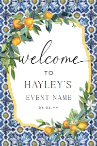 POS-BLO-3-B488 - POSITANO BLUE TILE - ORANGES - WELCOME SIGN - 20" x 30": POS-BLO-3-B488 - POSITANO BLUE TILE - ORANGES - WELCOME SIGN