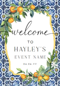POS-BLO-3-B488 - POSITANO BLUE TILE - ORANGES - WELCOME SIGN - A2: POS-BLO-3-B488 - POSITANO BLUE TILE - ORANGES - WELCOME SIGN
