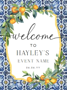 POS-BLO-3-B488 - POSITANO BLUE TILE - ORANGES - WELCOME SIGN - 18" x 24": POS-BLO-3-B488 - POSITANO BLUE TILE - ORANGES - WELCOME SIGN