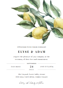 TUL-YEL-1-B752 - TUSCAN LEMONS - YELLOW - WEDDING INVITATION - 5" x 7": TUL-YEL-1-B755 - TUSCAN LEMONS - YELLOW - WEDDING INVITATION SUITE