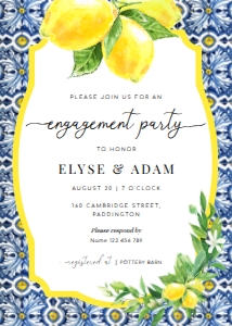 POS-BLY-1-B776 - POSITANO BLUE TILE - LEMONS - ENGAGEMENT PARTY INVITATION - 5" x 7": POS-BLY-1-B776 - POSITANO BLUE TILE - LEMONS - ENGAGEMENT PARTY INVITATION