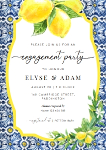 POS-BLY-1-B776 - POSITANO BLUE TILE - LEMONS - ENGAGEMENT PARTY INVITATION - A6: POS-BLY-1-B776 - POSITANO BLUE TILE - LEMONS - ENGAGEMENT PARTY INVITATION
