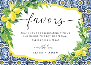 POS-BLY-7-B446 - POSITANO BLUE TILE - LEMONS - FAVOURS SIGN - LANDSCAPE - 5" x 7": POS-BLY-7-B446 - POSITANO BLUE TILE - LEMONS - FAVOURS SIGN