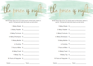 WAT-GRE-10-B246 - WATERCOLOUR GREEN - GOLD FOIL - BABY SHOWER PRICE IS RIGHT GAME - A4: WAT-GRE-10-B598 - WATERCOLOUR GREEN - GOLD - BABY SHOWER GAMES BUNDLE