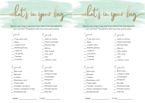 WAT-GRE-10-B584 - WATERCOLOUR GREEN - GOLD - WHAT'S IN YOUR BAG GAME - A4: WAT-GRE-10-B598 - WATERCOLOUR GREEN - GOLD - BABY SHOWER GAMES BUNDLE