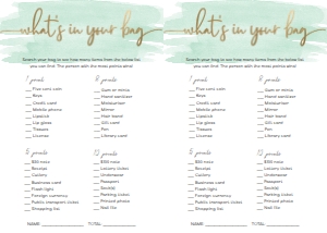 WAT-GRE-10-B584 - WATERCOLOUR GREEN - GOLD - WHAT'S IN YOUR BAG GAME - LETTER: WAT-GRE-10-B598 - WATERCOLOUR GREEN - GOLD - BABY SHOWER GAMES BUNDLE