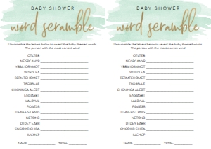 WAT-GRE-10-B596 - WATERCOLOUR GREEN - GOLD - BABY SHOWER WORD SCRAMBLE GAME - A4: WAT-GRE-10-B598 - WATERCOLOUR GREEN - GOLD - BABY SHOWER GAMES BUNDLE