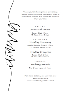 LUC-WHT-2-B785 - LUCAS SCRIPT - WHITE - ITINERARY CARD - 5" x 7": LUC-WHT-2-B787 - LUCAS SCRIPT - WHITE - ITINERARY, WELCOME CARD AND TAG BUNDLE